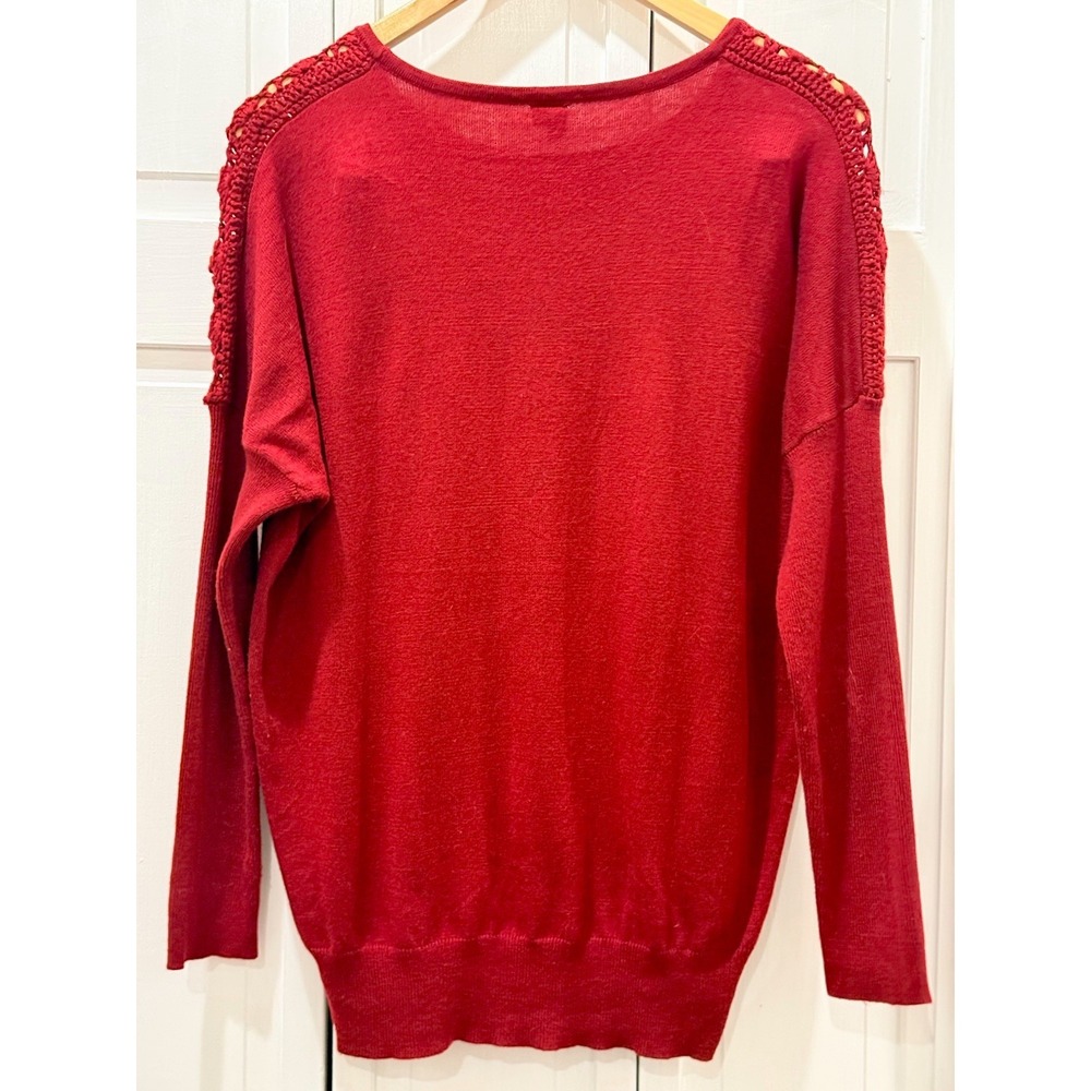 Vip Dark Red Wmn M Sweater Wool Blend Crochet Net/Metal Beaded Neckline/Shoulder